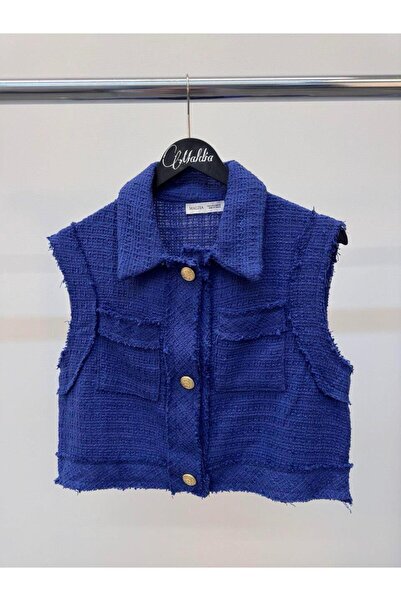 Maldia Shop Women's gold buttoned dark blue tweed vest