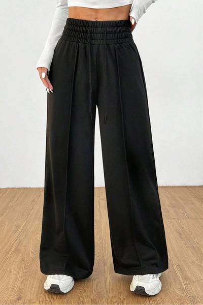 Hera Moda Women's Black Extra High Waist 2 Thread Wide Leg Sweatpants