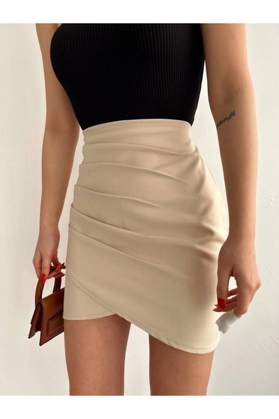 civetta Stylish Knot Detailed Asymmetrical Skirt - Sand Beige