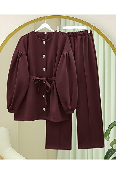 Modamorfo Balloon Sleeve Belted Front Buttoned Scuba Suit - Burgundy