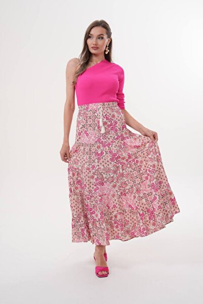 Polologin Butik Pink Small Patterned Viscose Skirt