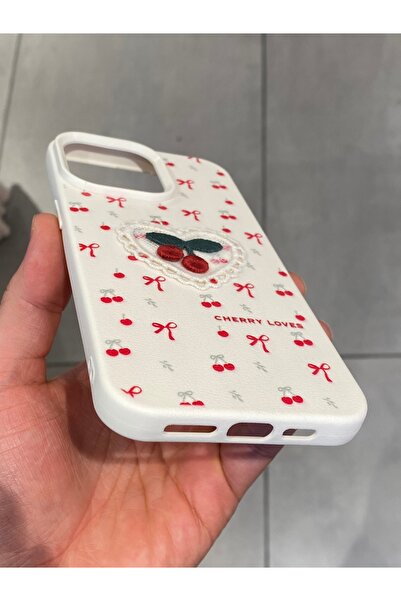 Mee.co iPhone 15 Pro Max Compatible Embroidered Cherry Pattern Case Cherry Figured Knitted Phone Case