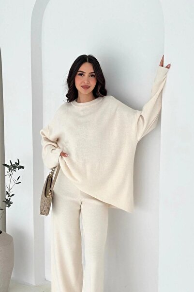 MAXXANA Asymmetrical Cut Oversize Sweater and Pants Double Knitwear Set