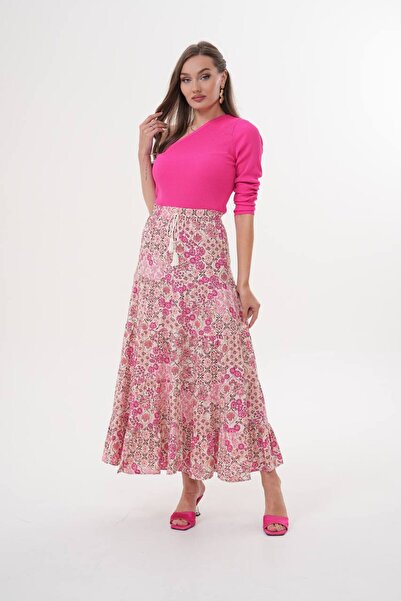 Polologin Butik Pink Small Patterned Viscose Skirt