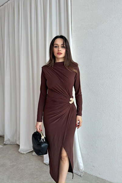 MODAMİNEM Women's Brooch Detailed Draped Midi Dress