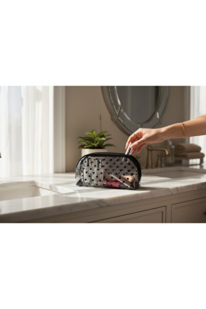 Haneliya Siyah Kalp Desenli Şeffaf Makyaj Çantası – Büyük Boy Organizer (21×13×6 cm)