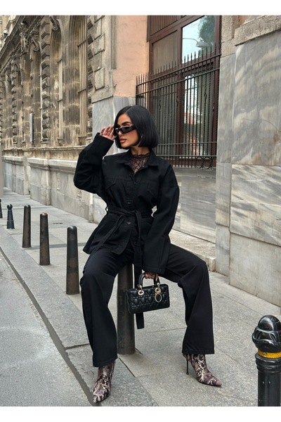 POP STORY Tied Denim Suit Oversized Jacket and High Waist Pants