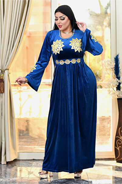 AsrymShop Winter reception abaya, petrol blue velvet