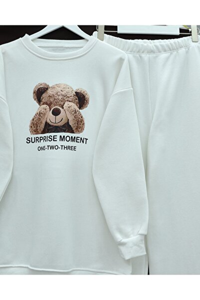 Modamorfo Teddy Bear Printed Fleece-Lined 3 Thread Sweat Set -White