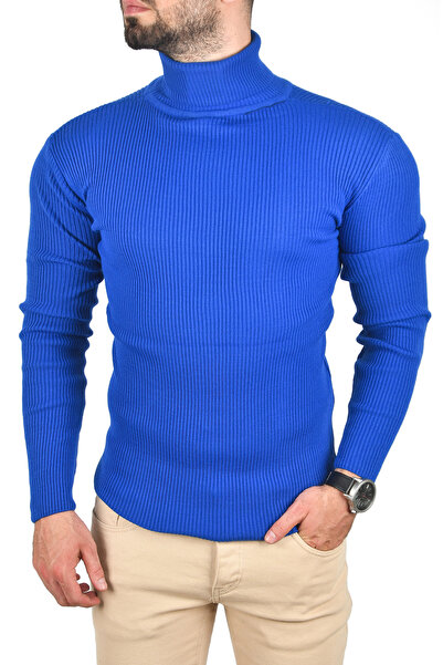 DeepSEA Men's Blue Slim F Corded Fabric Full Turtleneck Non-Pilling Knitwear Sweater 2505498
