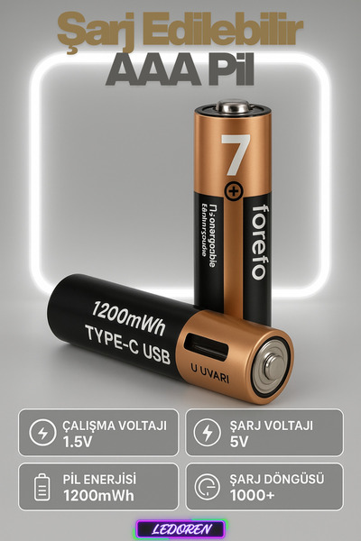 L'eDoren USB Type-C Şarjlı AAA Pil 1.5V 1000+ Kez Şarj Edilebilir Lityum Pil ...