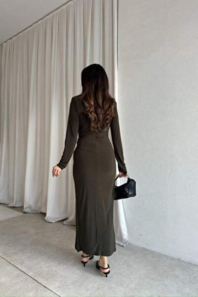 MODAMİNEM Women's Brooch Detailed Draped Midi Dress