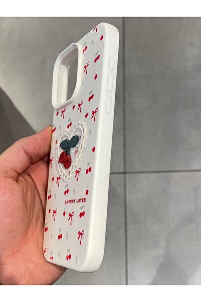 Mee.co iPhone 15 Pro Max Compatible Embroidered Cherry Pattern Case Cherry Figured Knitted Phone Case