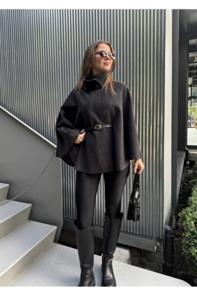 Lila Moda Belted Mock Neck Button Cashmere Cape Poncho