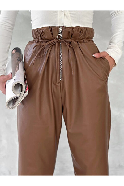 civetta High Waist Slim Belted Vegan Leather Pants - Brown