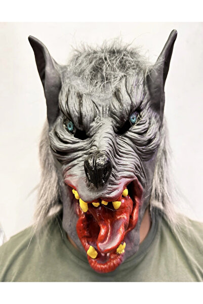 HarmonyAura Blue Eyed Wolf Mask with Full Snap-On Latex Tongue Out on the Head