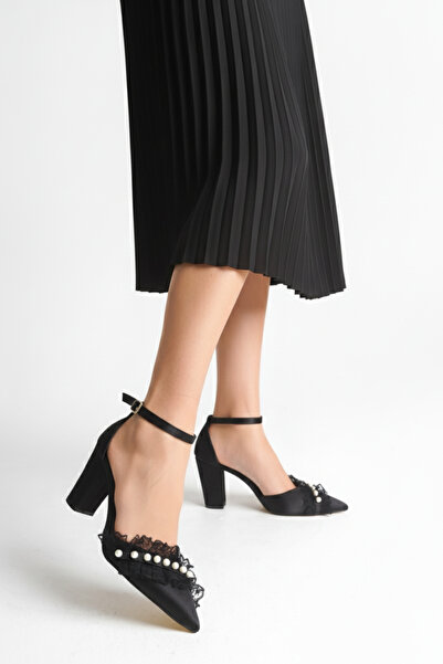 FOLLOWIN Women's Bride Pearl Lace Detailed Thick Heeled Special Occasion Wedding Bridal Shoes Black Satin