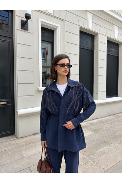 MİA NOURA Women's Front Sleeves with Bead Embroidery on Tansel Fabric Bambir Ceken