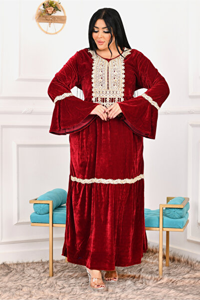 AsrymShop Winter reception abaya, velvet, brick red