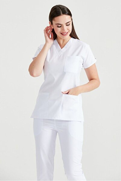 DEMOTEKS White Elastane Medical Suit, Women - Scrub Set Classic Flex