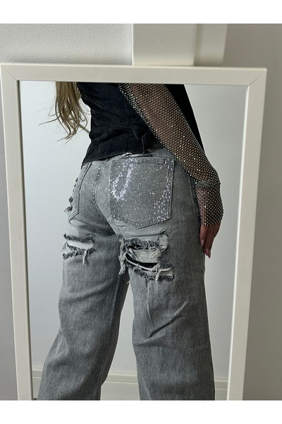 NicoleShop Grey Jeans with Stones Pocket