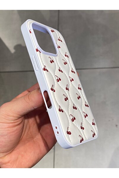 Mee.co iPhone 16 Pro Compatible Cherry Pattern Phone Case Stitching Detailed Faux Leather Case