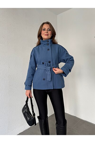 Lila Moda Short Oversized Lined Pocketed Cashmere Jacket Coat