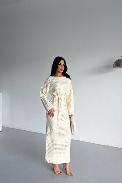 LİLA İSTANBUL Crew Neck Waist-Tied Lined Knitwear Cream Dress (S/M/L/Xl Compatible Standard Size)