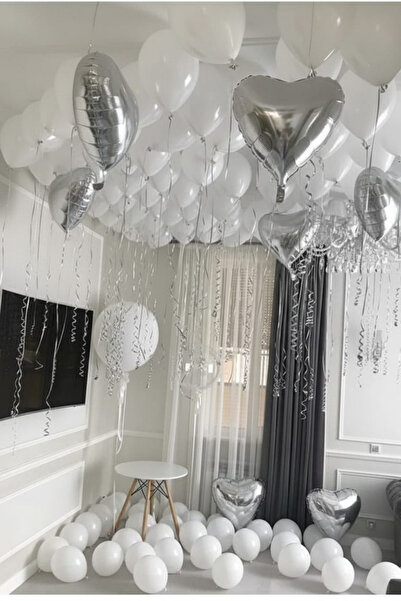 Baloncu Demmo 5 Adet Gümüş Folyo Balon 20 Adet İnci Beyaz Metalik Balon Rafya...
