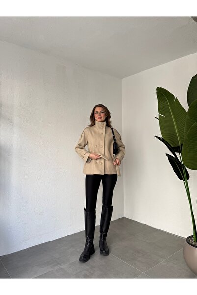 Lila Moda Short Oversized Lined Pocketed Cashmere Jacket Coat