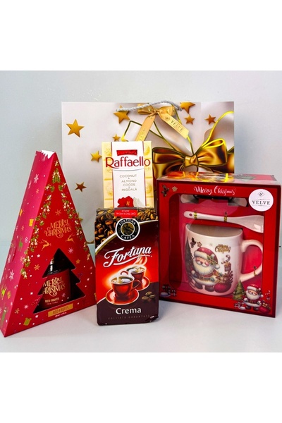 velve Christmas Delight package, room freshener, coffee, chocolate, ceramic mug, plate and teaspoon