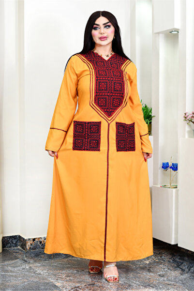 AsrymShop عباية استقبال بيتي فاخرة جيوب طوبي * اصفر