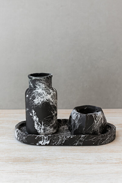 HBNC Mermer Desenli Dekoratif Vazo & Mumluk Seti – 3’lü Şık Tepsi Takımı