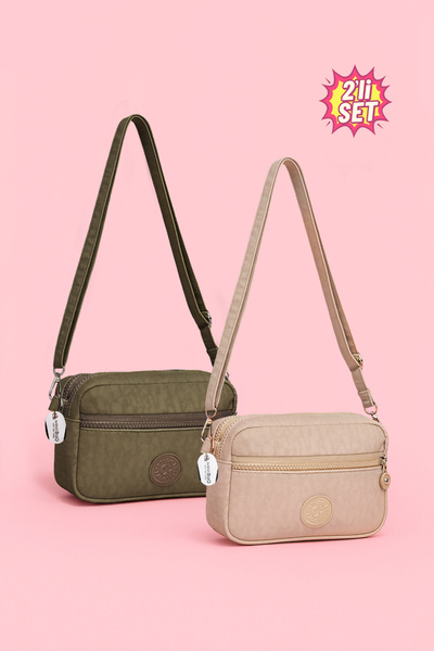 westbag Women's Crossbody Three-Compartment Zippered Crinkle Casual Shoulder Bag Khaki and Beige Set of 2