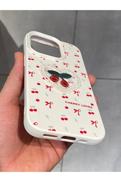 Mee.co iPhone 14 Pro Compatible Embroidered Cherry Pattern Case Cherry Figured Knitted Phone Case