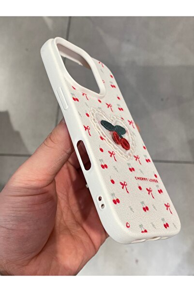 Mee.co iPhone 16 Pro Compatible Embroidered Cherry Pattern Case Cherry Figured Knitted Phone Case