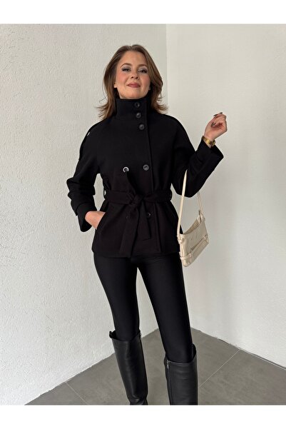 Lila Moda Short Oversized Lined Pocketed Cashmere Jacket Coat