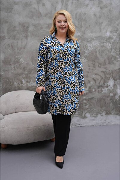 Polologin Butik Khaki Multi-Colored Leopard Plus Size Tunic