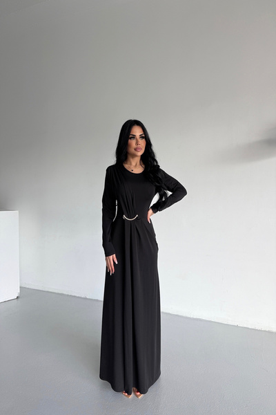 LİLA İSTANBUL Bisiklet Yaka Toka Detaylı Özel Tasarım Siyah Elbise