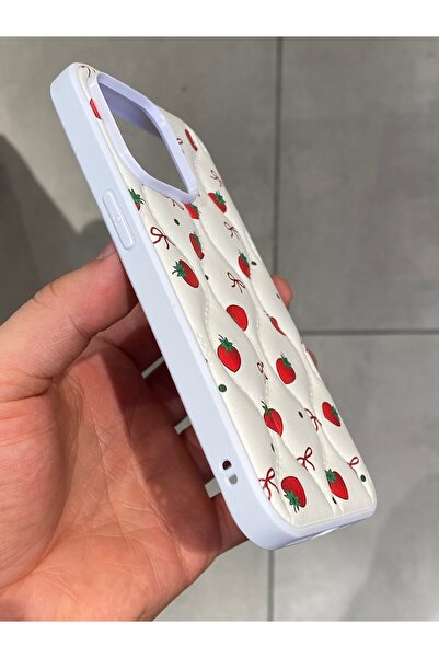 Mee.co iPhone 14 Pro Compatible Strawberry Pattern Phone Case Faux Leather Case with Ribbon Pattern Stitching Detail