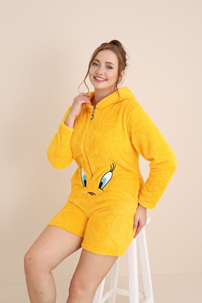 Mrs Justin Kadın Welsoft Sarı Civciv Sevimli Figür Uzun Kollu Kapüşonlu Cepli Şort Tulum Peluş Pijama