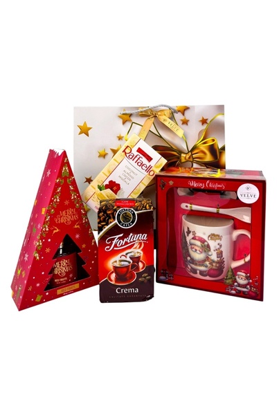 velve Christmas Delight package, room freshener, coffee, chocolate, ceramic mug, plate and teaspoon