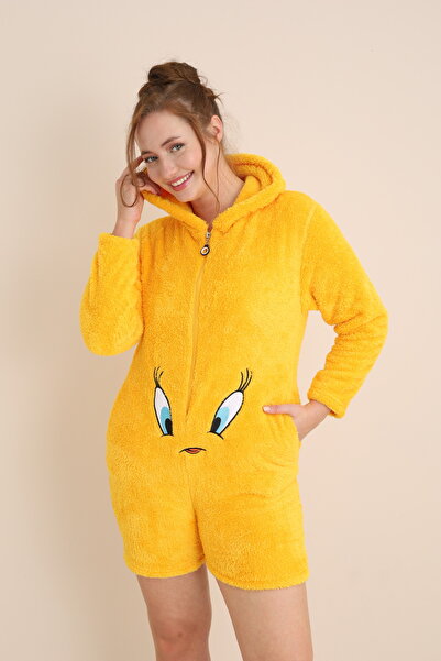 Mrs Justin Kadın Welsoft Sarı Civciv Sevimli Figür Uzun Kollu Kapüşonlu Cepli Şort Tulum Peluş Pijama