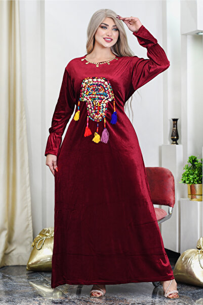 AsrymShop Winter reception abaya, velvet, brick red