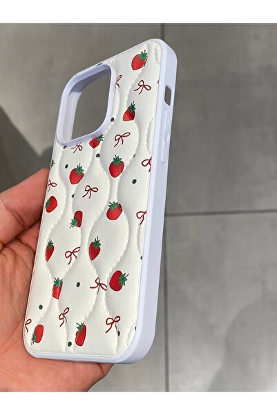 Mee.co iPhone 14 Pro Compatible Strawberry Pattern Phone Case Faux Leather Case with Ribbon Pattern Stitching Detail
