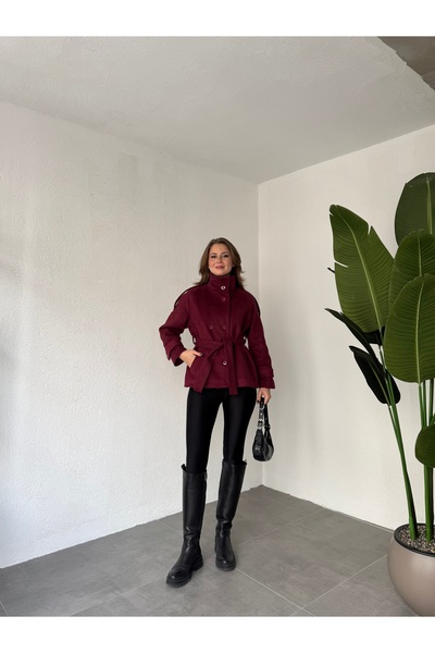 Lila Moda Short Oversized Lined Pocketed Cashmere Jacket Coat