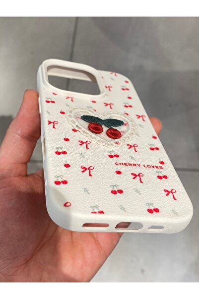 Mee.co iPhone 16 Pro Compatible Embroidered Cherry Pattern Case Cherry Figured Knitted Phone Case