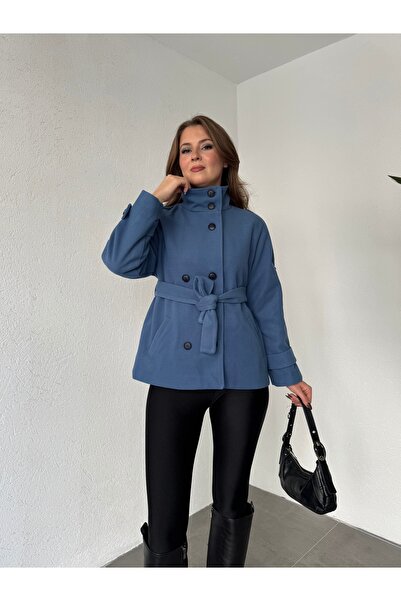 Lila Moda Short Oversized Lined Pocketed Cashmere Jacket Coat