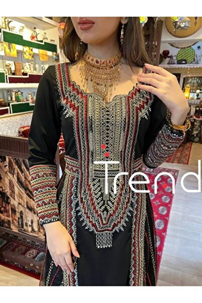 TREND Black Jalabiya with Embroidered Black Scarf