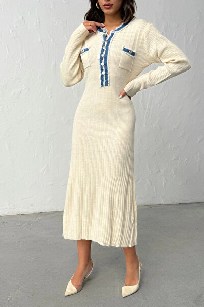 Lusin Women's Ecru Buttoned Jean Detailed Knitwear Dress